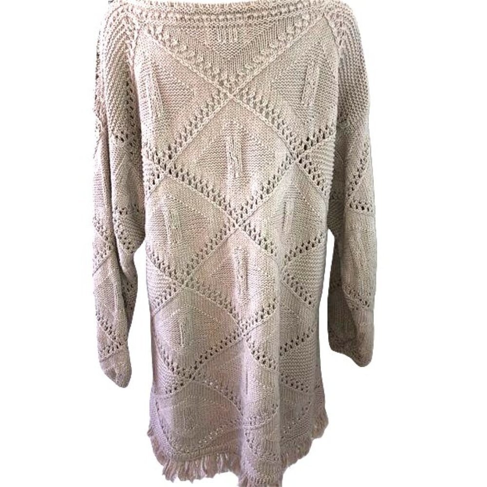 Yarnworks Handknit Dress Womens Size XL Tan Cotton Ramie Fringe Vintage Bohemian - Picture 6 of 10